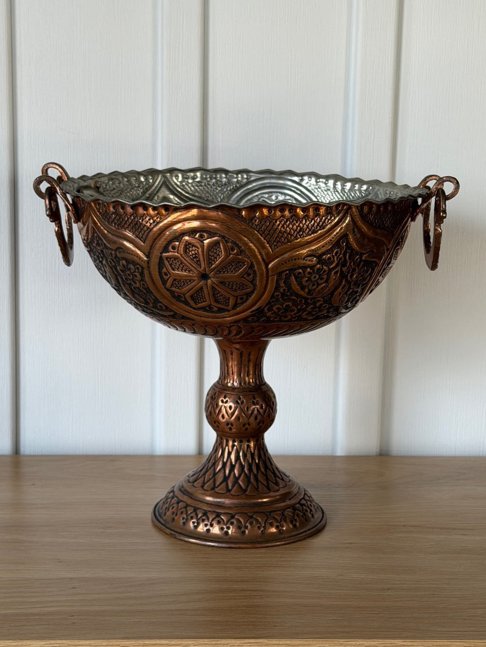 Large Ornate Embossed Footed Copper Pedestal Bowl with Handles